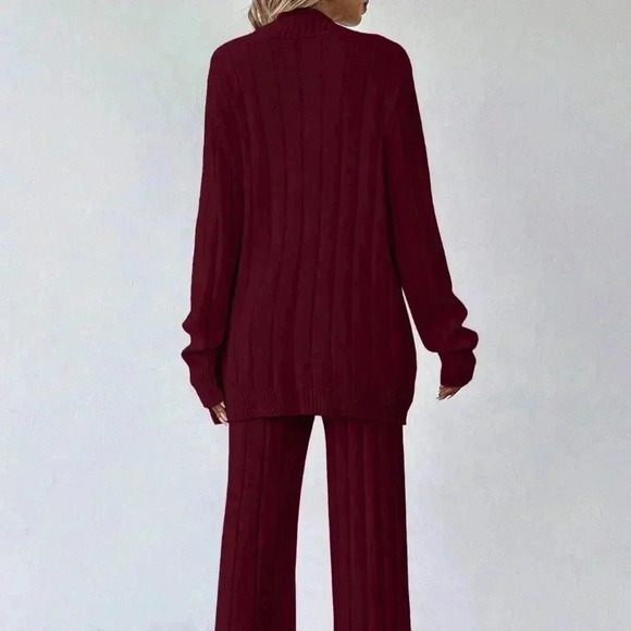 Red Casual Women's Loose Front Button Cardigan And Pants Knitwear Set - Picture 2 of 6